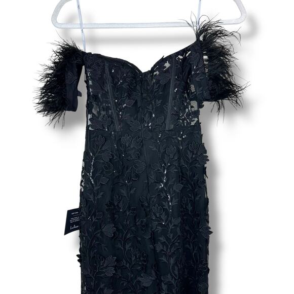 Lulus NWT Midnight Sparkle Black Embroidered Feather Bustier Maxi Dress XS - Picture 11 of 13